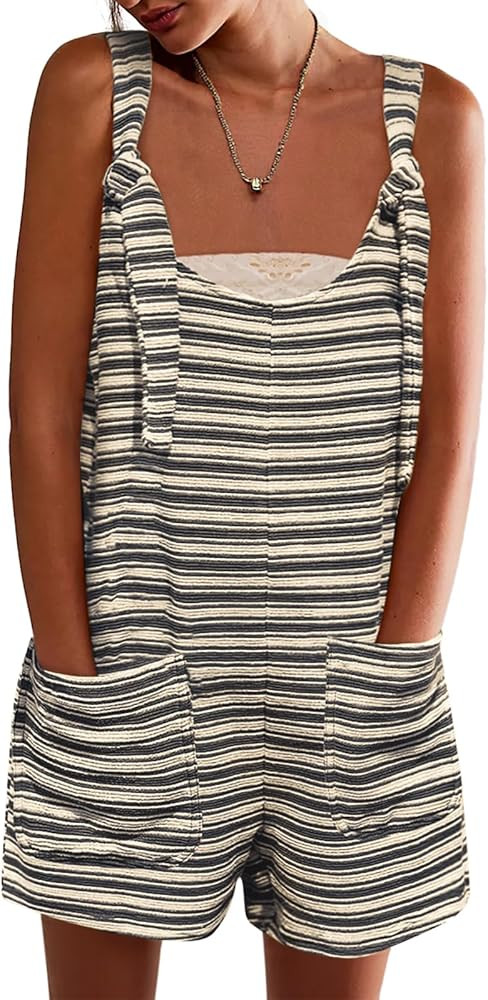Yousify Womens Summer Casual Sleeveless Romper Loose Striped Tied Shorts Overalls Jumpsuit with P... | Amazon (US)