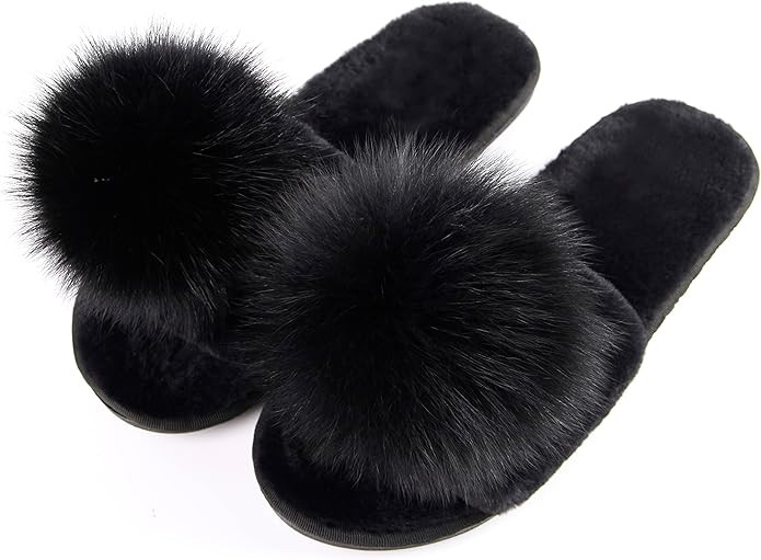 Women Slippers with Real Fox Fur Ball, Girl Furry Cozy Warm House Slipper, Open Toe Soft Flat Sli... | Amazon (US)