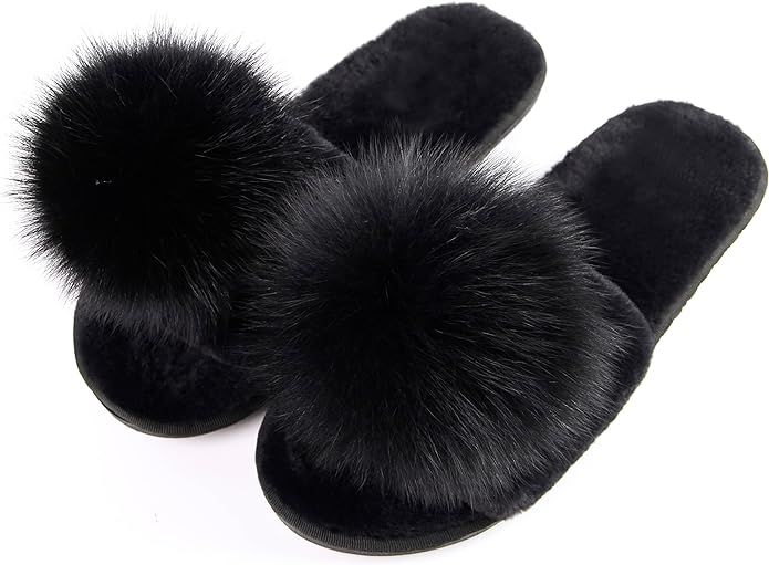 HIPRETTYUS Women Slippers with Real Fox Fur Ball, Girl Furry Cozy Warm House Slipper, Open Toe So... | Amazon (US)