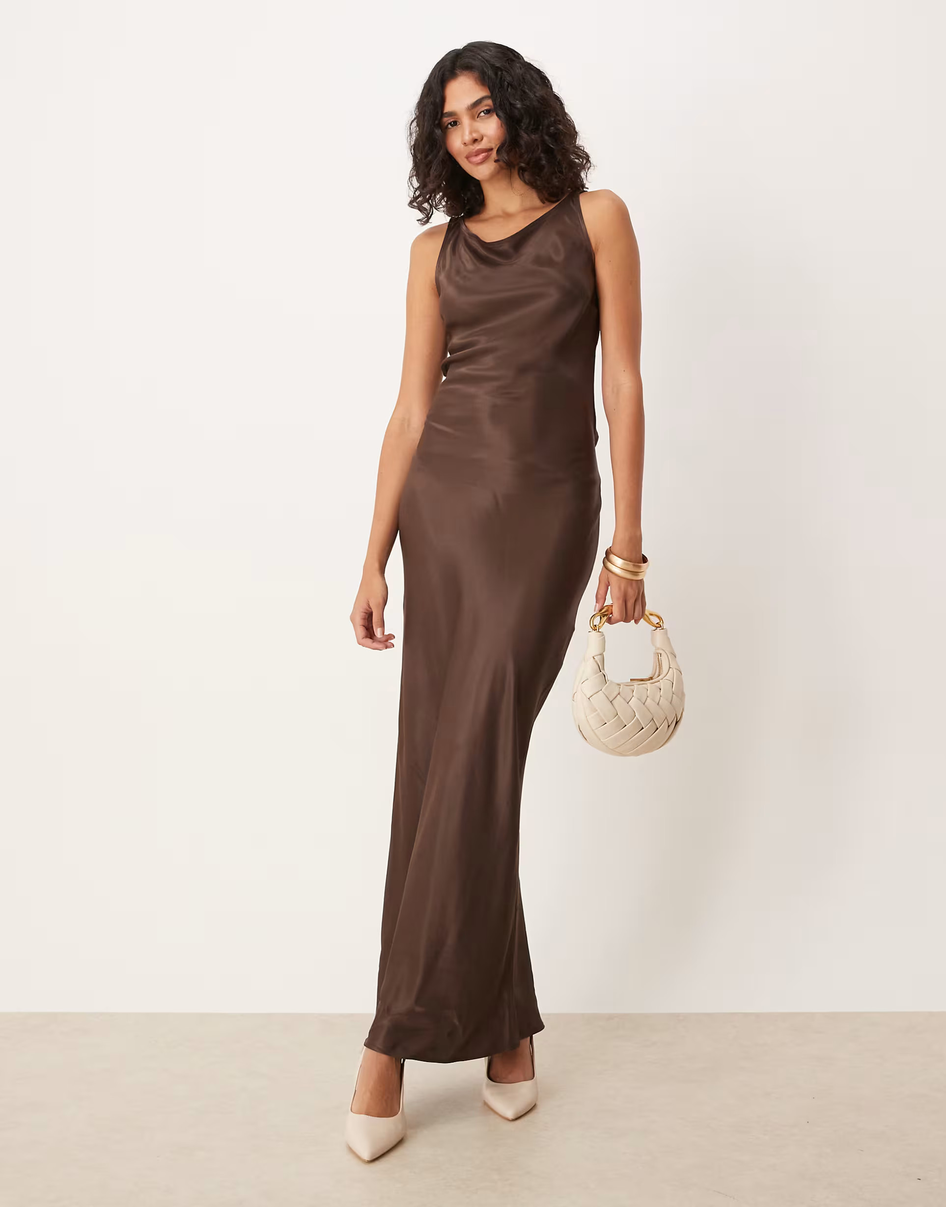 ASOS DESIGN satin tie back slash neck dress in chocolate | ASOS | ASOS (Global)