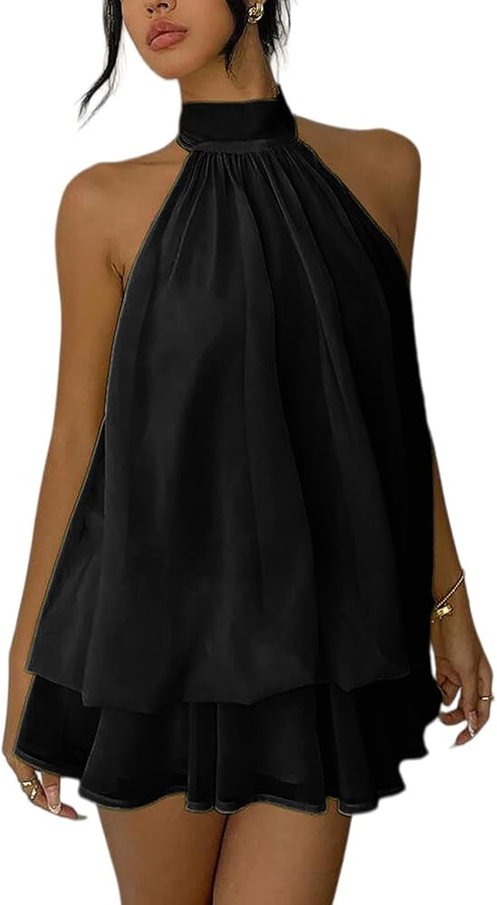 ELLEVEN Women's Backless Halter Mini Dress, Chiffon Summer Party Dress with Built-in Shorts for N... | Amazon (US)