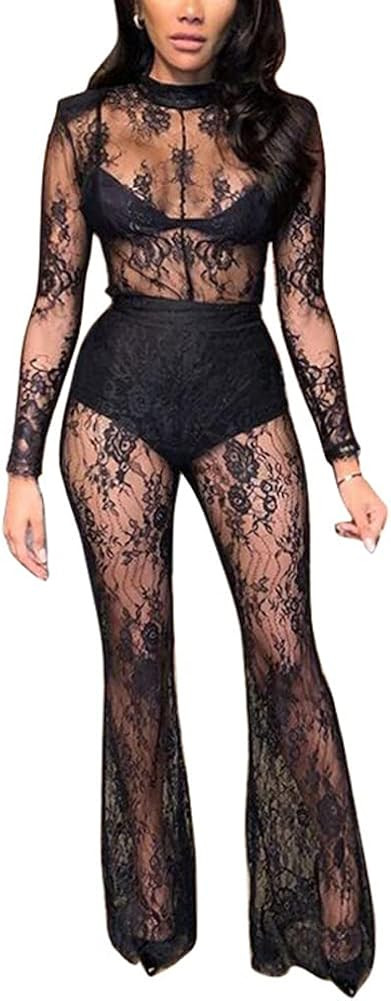 Women Hollow Lace Skinny Jumpsuit O Neck Sheer Mesh Long Sleeve Club Party One Piece Romper Plays... | Amazon (US)
