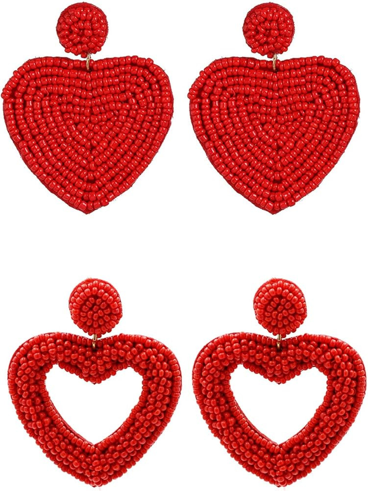 2 Pairs Beaded Heart Earrings Set Handmade Seed Bead Bohemian Statement Heart Hoop Dangle Earrings f | Amazon (US)