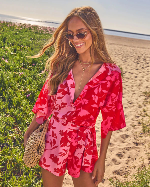 Shaney Color Block Waist Tie Floral Romper | VICI