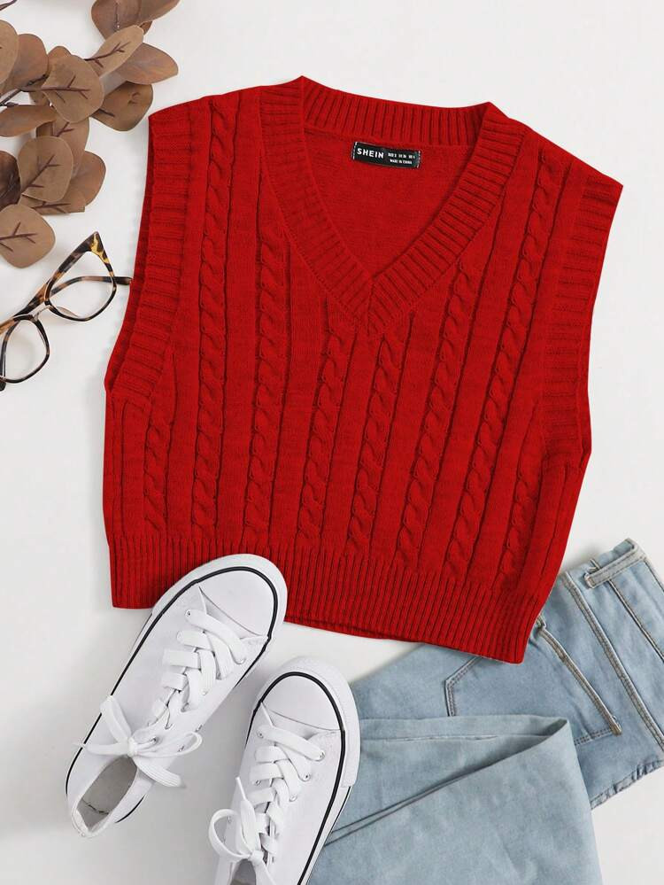 Flirla Cable Knit Sweater Vest For New Year Clothes | SHEIN