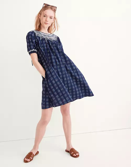 Embroidered Puff-Sleeve Babydoll Dress in Indigo Plaid | Madewell