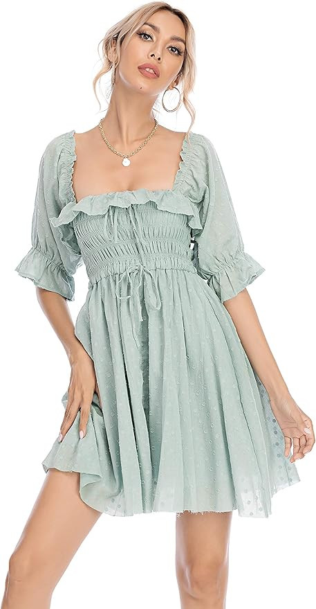 R.Vivimos Women's Summer Cotton Half Sleeves Backless Ruffled Mini A-Line Dress | Amazon (US)