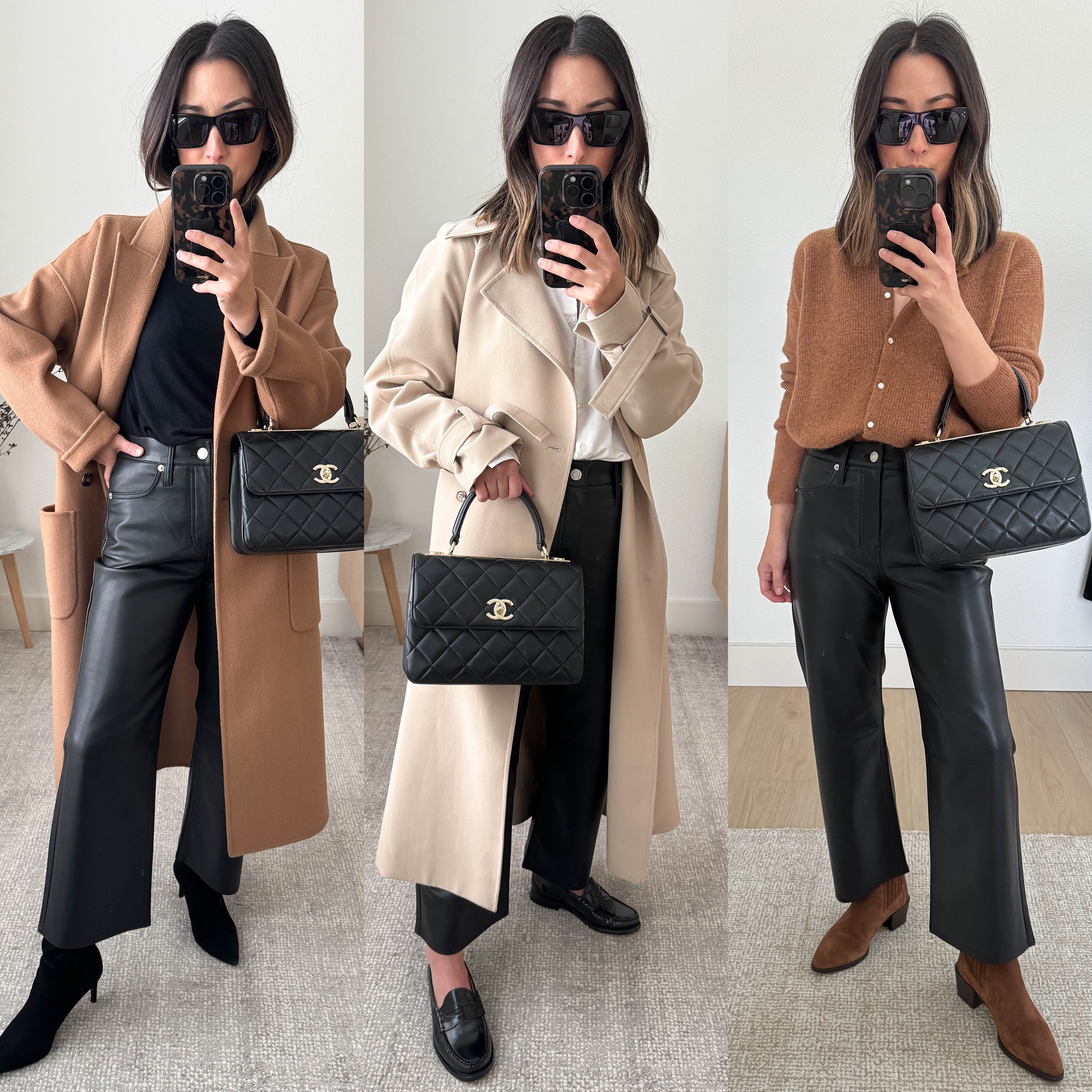 J.crew faux leather pants multiple ways. They’re nearly sold out, so linked a few other petite-friendly options. 

Left to right details :

Anine Bing coat xxs
Majestic filatures turtleneck xs
J.crew faux leather pants petite 25
Stuart Weitzman boots 35
YSL sunglasses 
Chanel trendy cc small

Oak + forth trench xxs
AYR shirt xs
J.crew loafers 5 

Sezane cardigan xs 
Rag & Bone boots 35.5 

#LTKSeasonal #LTKshoecrush #LTKitbag