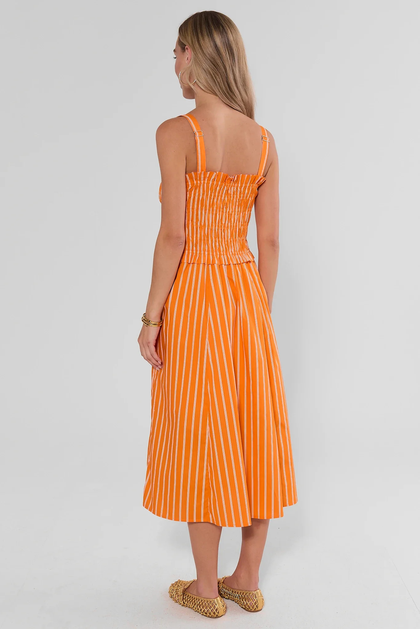 Orange Striped Smocked Midi Dress | Avara