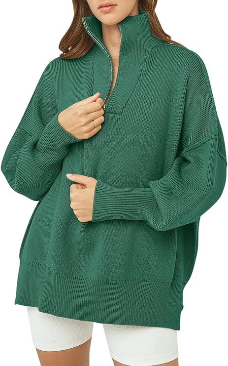 ANRABESS Women's Half Zipper Sweater Top Long Sleeve Oversized Slit Side Knit Pullover Sweaters 5... | Amazon (US)