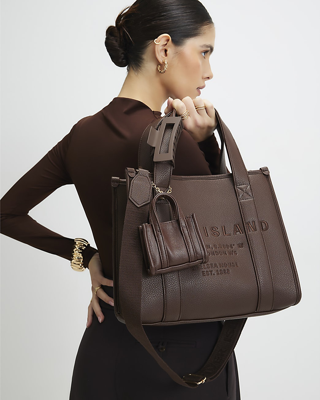 Brown Embroidered Tote Bag and Hair Clip | River Island UK & IE