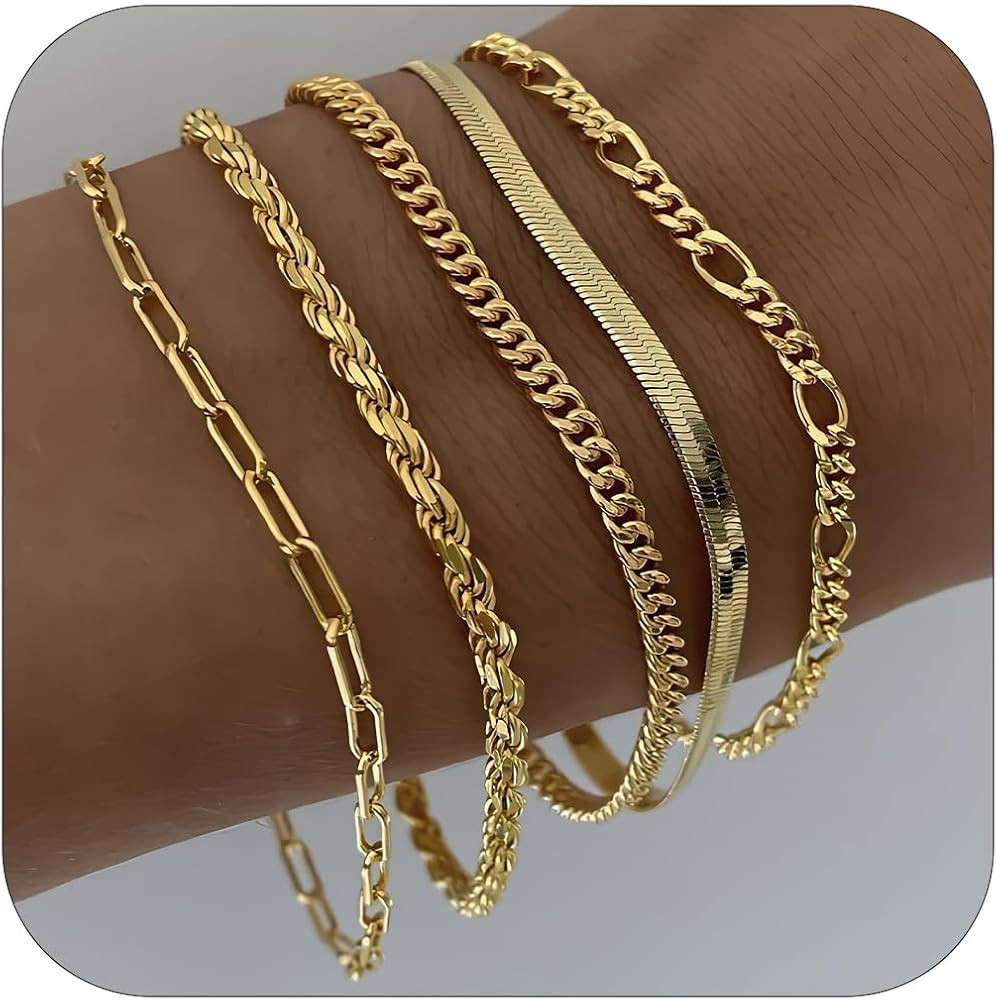 Gold Bracelets for Women Trendy, Dainty 14k Gold Plated Bracelet Set Adjustable Simple Love Brace... | Amazon (US)