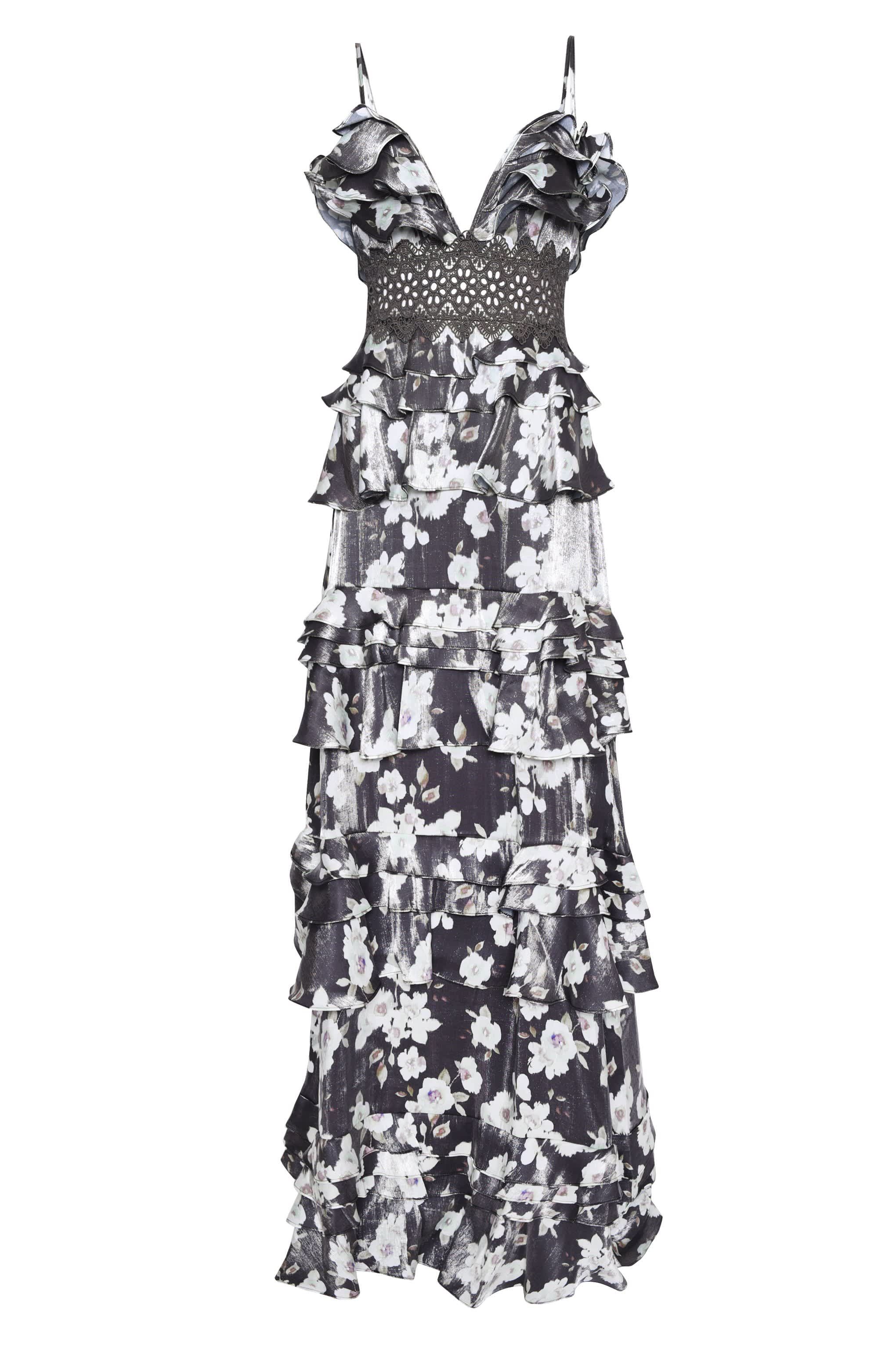 Black Floral Metallic Plunge Front Tiered Ruffle Maxi Dress | Wolf and Badger (Global excl. US)
