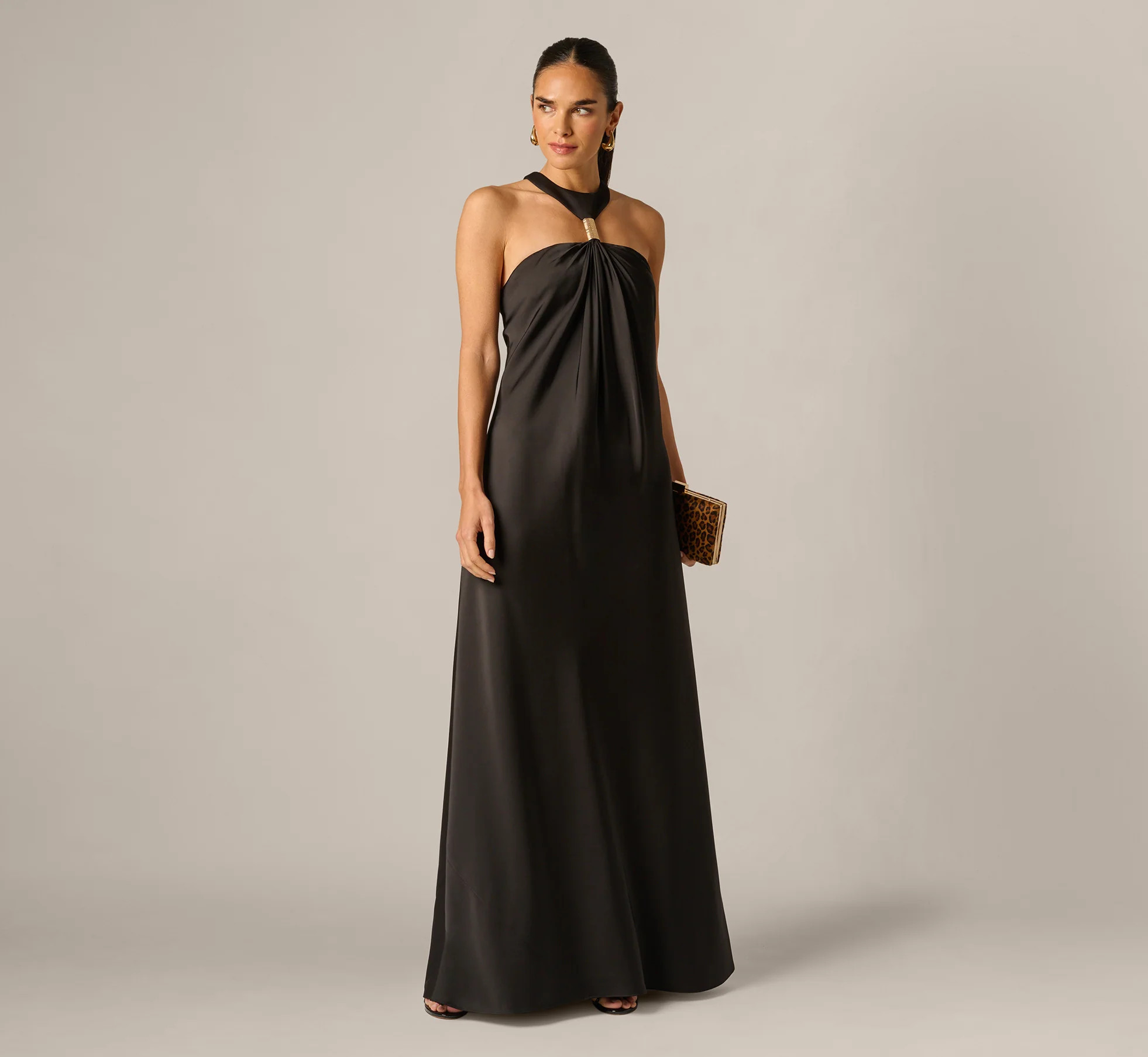 Stretch Satin Hardware Halter Collar Gown In Black | Adrianna Papell