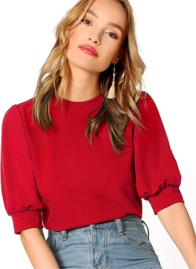 SheIn Women's Puff Sleeve Casual Solid Top Pullover Keyhole Back Blouse | Amazon (US)