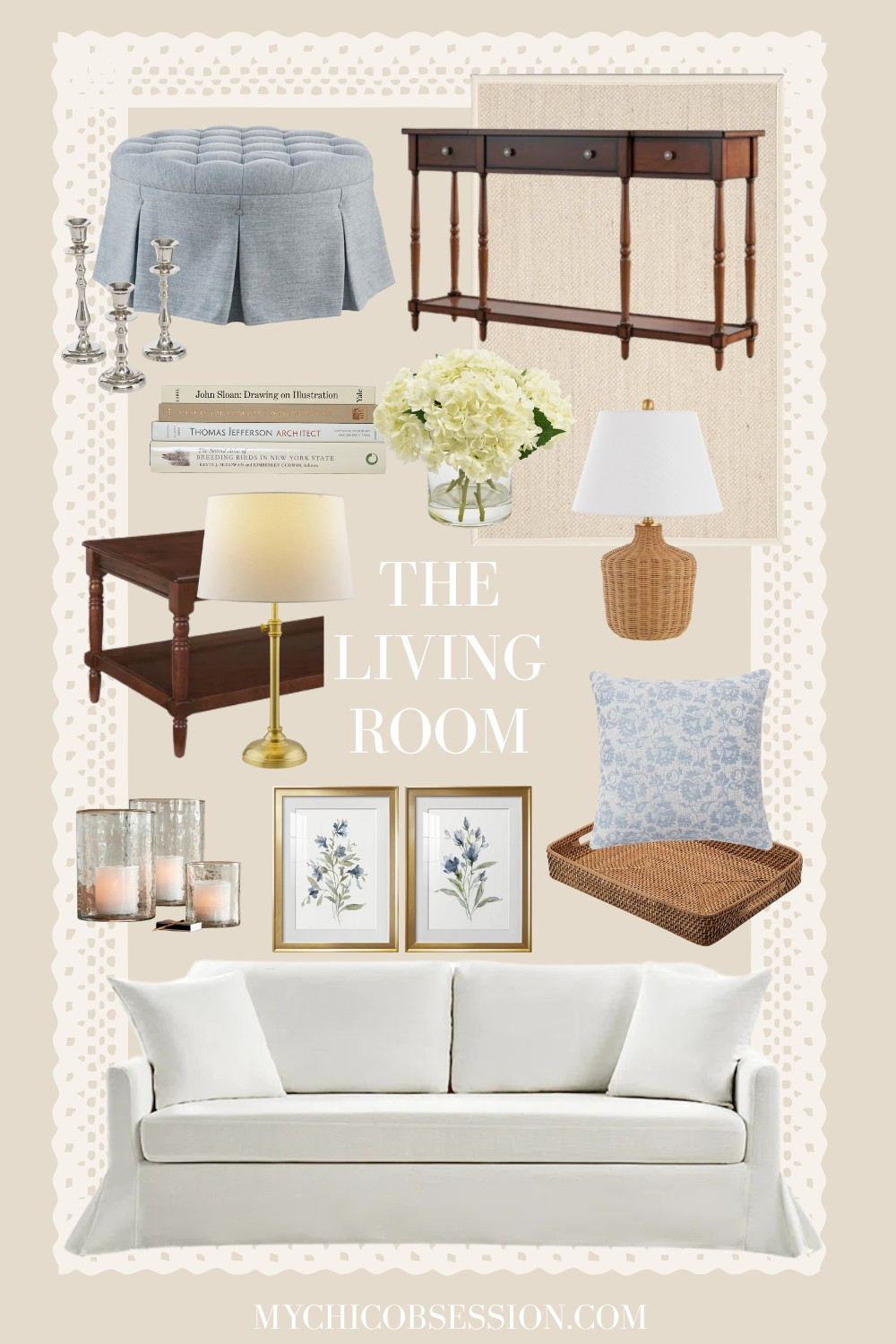 Bring the magic of a Nancy Meyers movie set to your living room. Style your space with a slip-covered sofa, blue accents, floral patterns, and mahogany furniture. Don't forget to add fresh flowers, quality art, and soft lighting for extra ambiance. 

 #LTKHome
