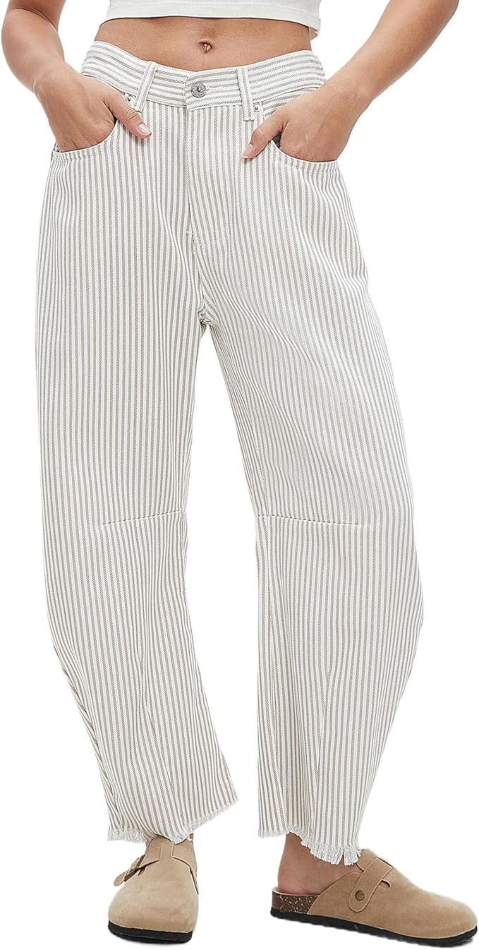 Kedera Women Stripe Barrel Jeans Casual Loose Denim Jeans Wide Leg Baggy Pants Mid Waist Boyfrien... | Amazon (US)