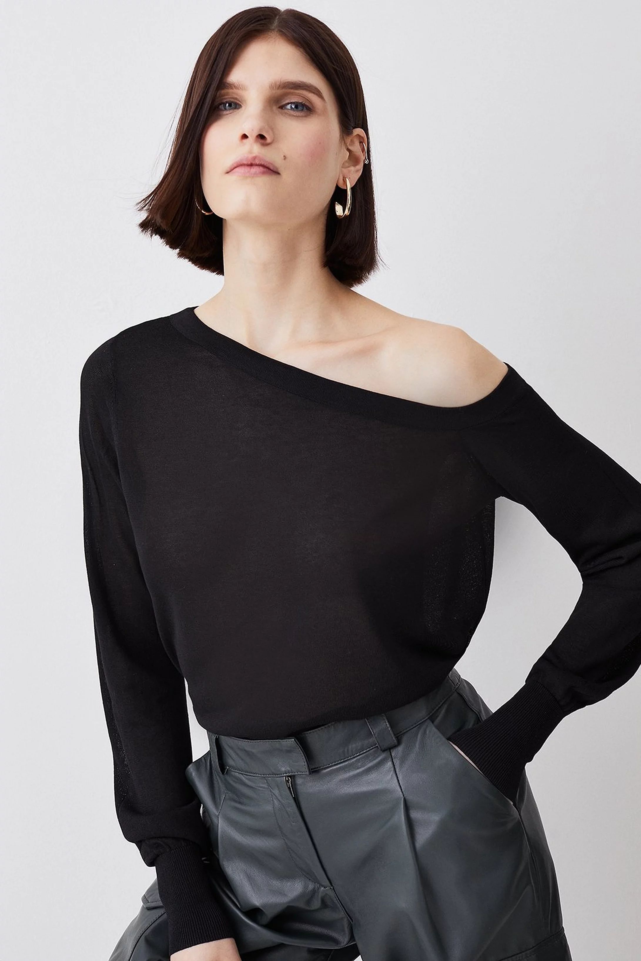 Lightweight Knitted Off The Shoulder Long Sleeve Sweater | Karen Millen US