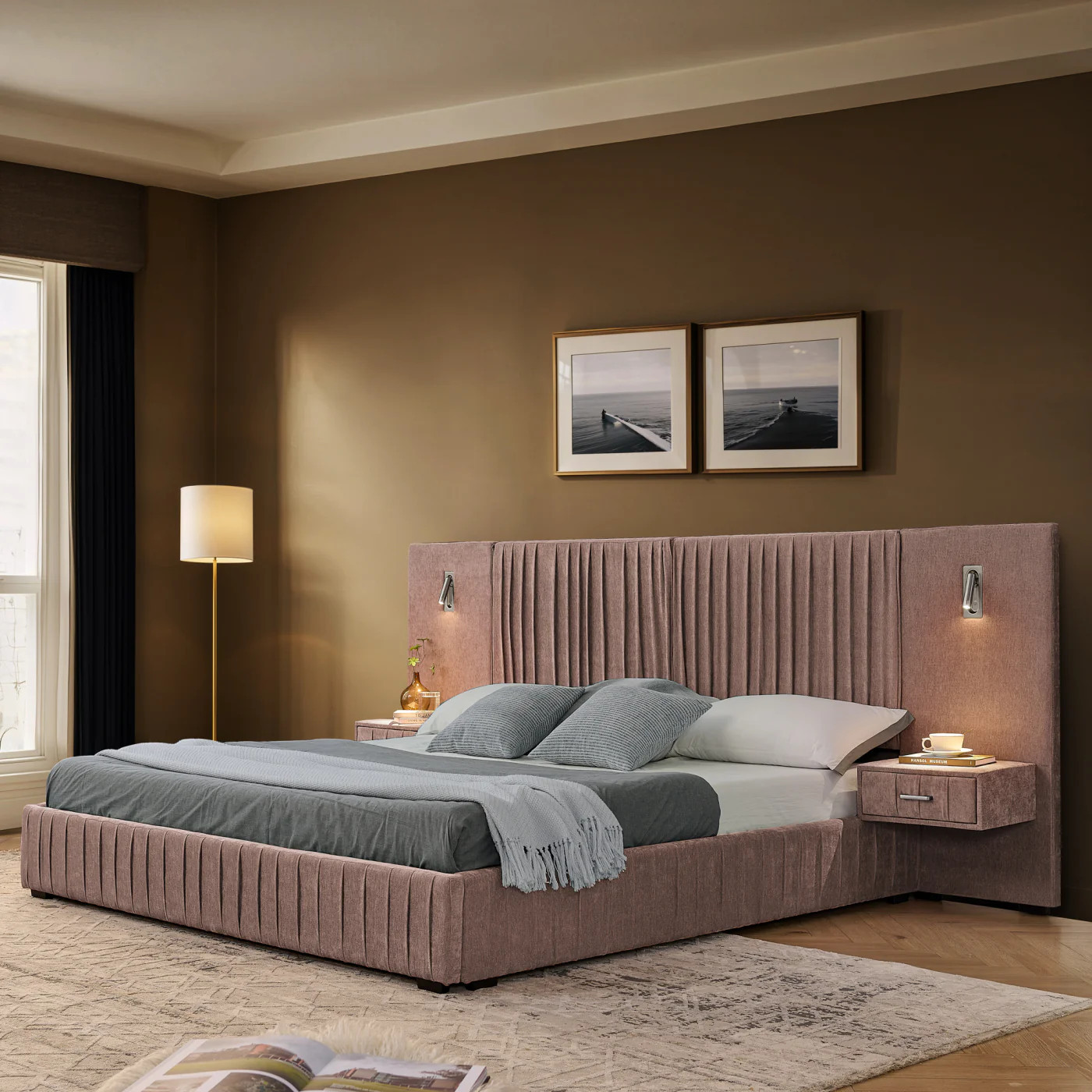 Streamdale Queen Size Chenille Upholstered Bed Frame with Pleated Design - Pink | Shop Simon