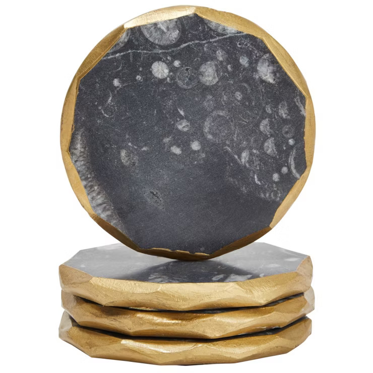 Okuna Outpost 4 Pack Polished Fossil Stone Coasters for Drinks with Gold Edge Trim, New Home Hous... | Target