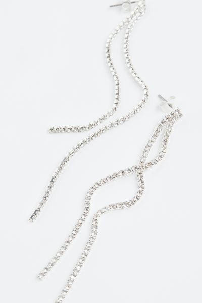 Long rhinestone earrings - Silver-coloured - Ladies | H&M GB | H&M (UK, MY, IN, SG, PH, TW, HK)