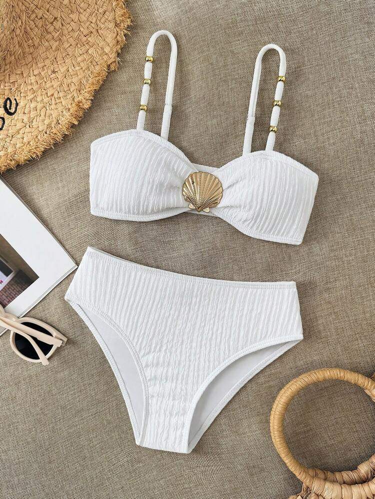 SHEIN Tween Girl Special Fabric Shell Decor Beaded Swimwear Set, Suitable For Vacation, Beach, Seaside, Swimming Bikini Set Full Coverage Seashell Bathing Suit Bikini Set For Women High Waist Swimsuit Set Modest Bikini Set | SHEIN