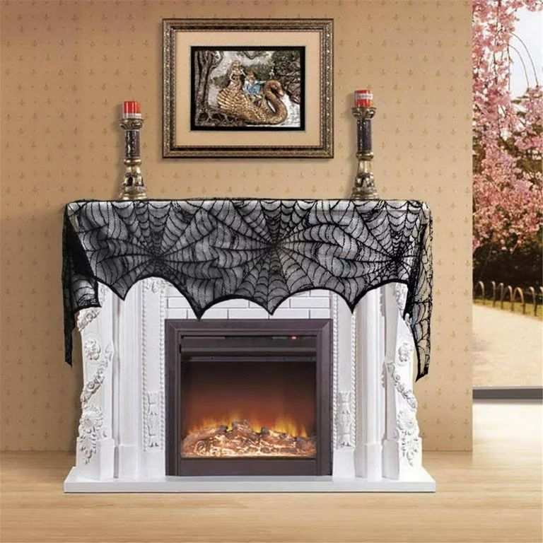 QISIWOLE Halloween Lace Fireplace Mantel Scarf Cover, Black Cloth Spider Web Bats Runner Door Win... | Walmart (US)