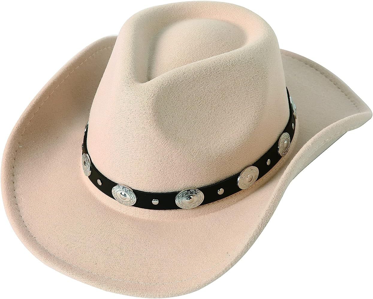 Lanzom Women Men Felt Wide Brim Western Cowboy Hats Belt Buckle Panama Hat | Amazon (US)