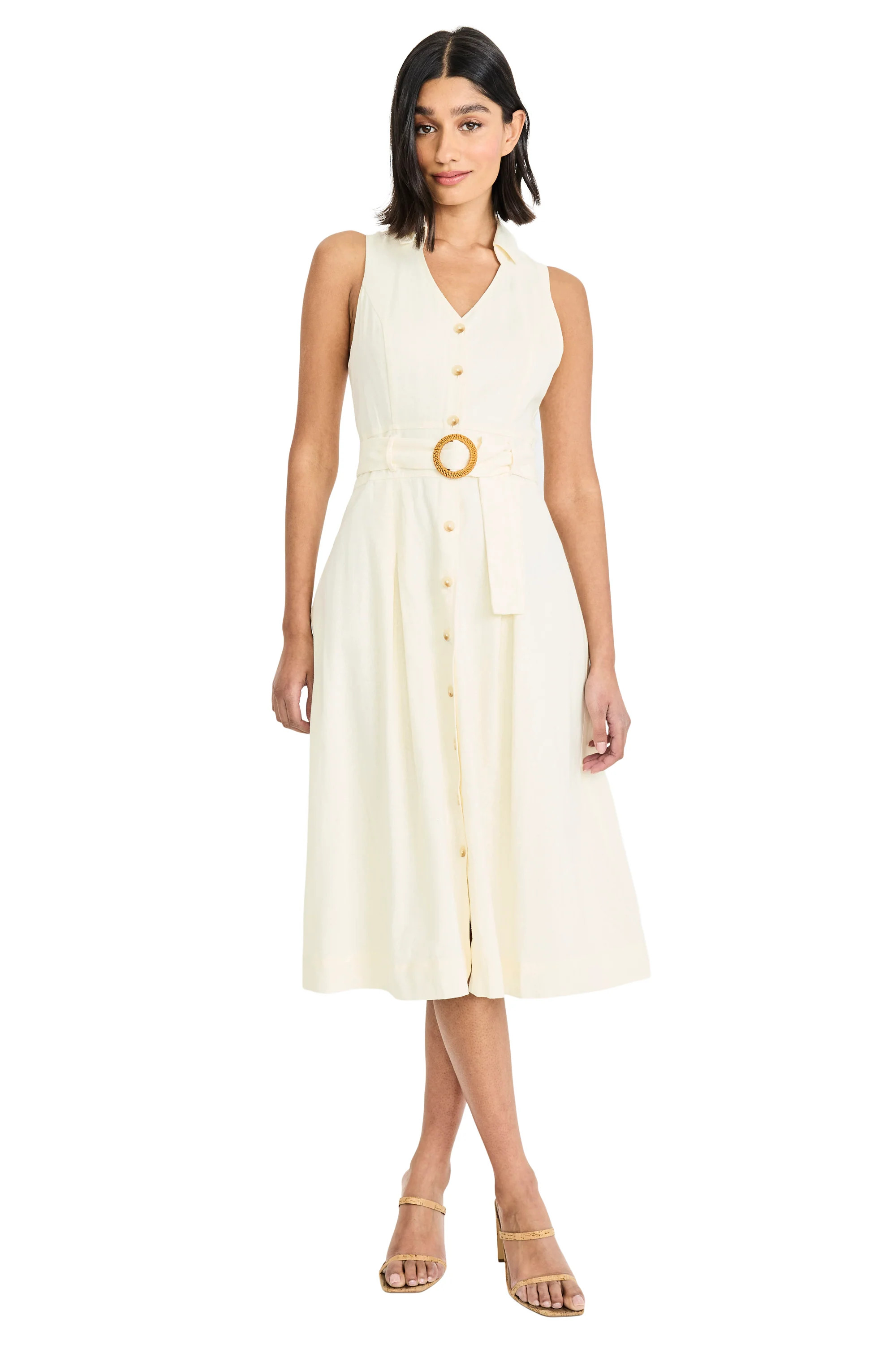 Devin Linen Collared V-Neck Midi A-Line Sleeveless | Maggy London | Maggy London