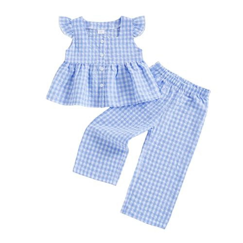 GOOCHEER Toddler Girl Clothes Baby Summer Outfits Plaid Ruffle Sleeveless Vest Tank Tops Pants Set 12 18 24 Month 2T 3T 4T (#Flying-Blue, 3-4T) | Amazon (US)