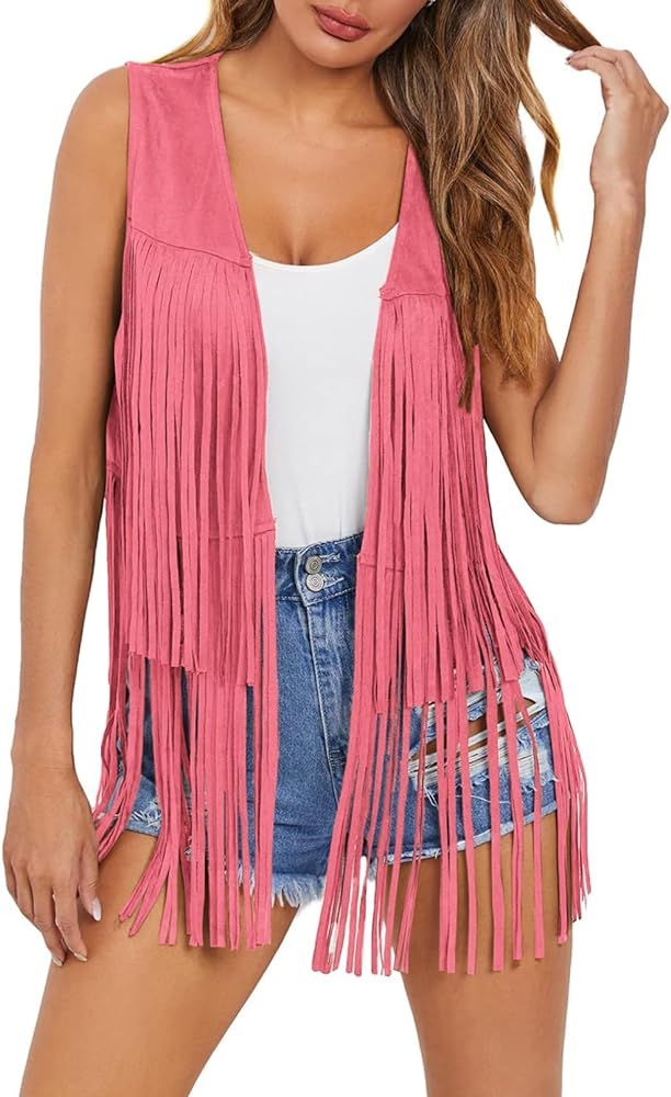 Dokotoo Womens Fringe Vest 70s Hippie Costume Sleeveless Faux Suede Tassel Leather Outerwear | Amazon (US)