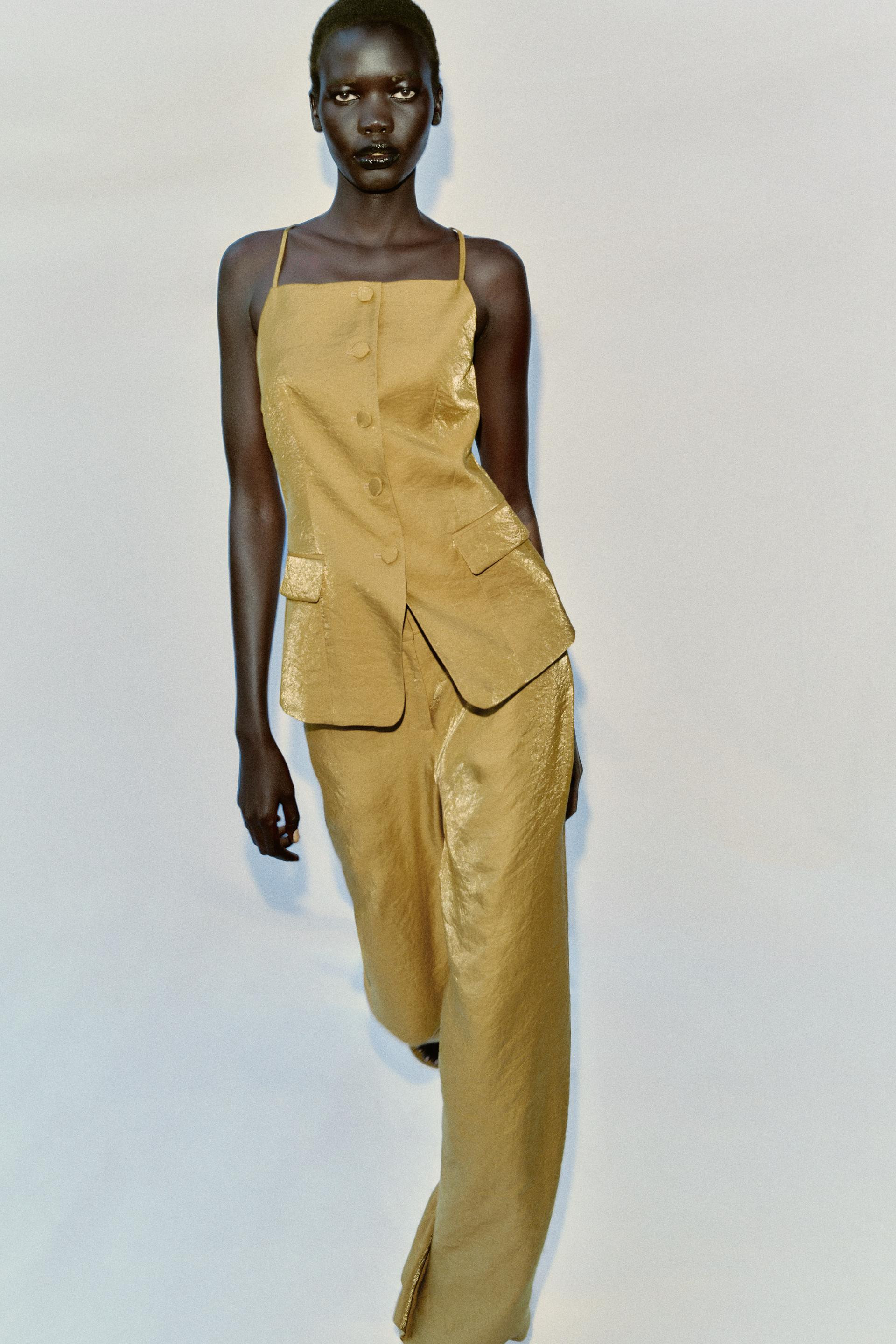 Zara - Wrinkle-Look Straight Pants - Golden - S - Woman | Zara US