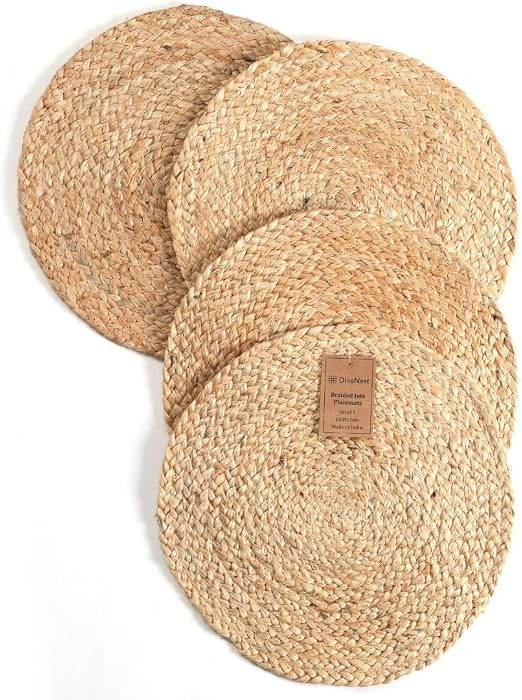 Set of 4 Handcrafted Jute Braided Placemats 14x14 Round 100% Jute - Farmhouse Rustic Vintage Plac... | Amazon (US)