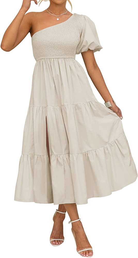 ZESICA Women's 2023 Boho Summer One Shoulder Short Sleeve Smocked Side Split Ruffle Swing Midi Dr... | Amazon (US)