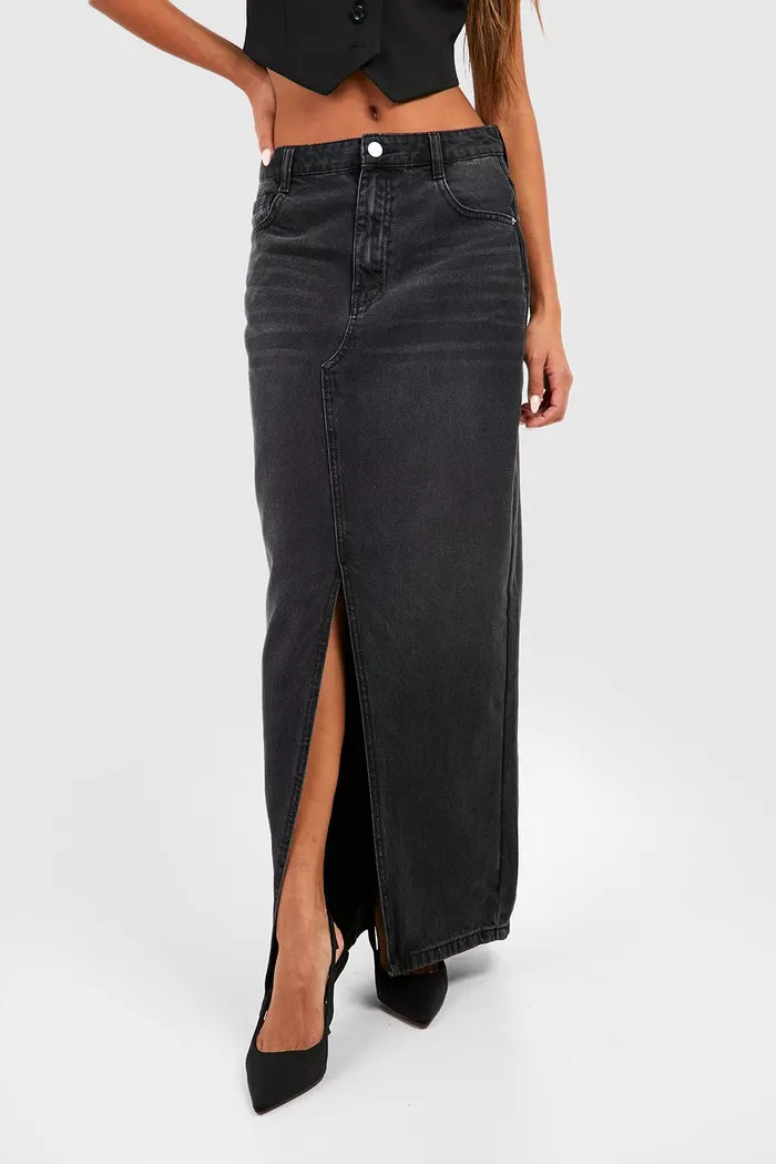 Split Front Denim Maxi Skirt | boohoo (US & Canada)