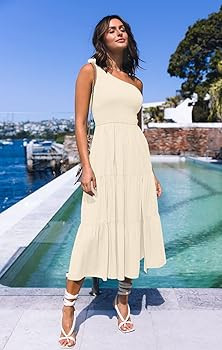 MEROKEETY Vestido de verano para mujer, con un hombro, sin mangas, con nudo, fruncido, dividido, ... | Amazon (US)