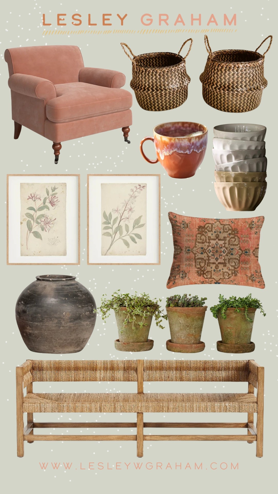 Home decor inspired by Home Again movie California ranch Nancy meyers aesthetic dusty pink chair rattan bench floral art rustic pots folding baskets windowsill herb pots kilim pillows

#LTKHome