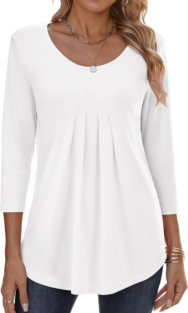 Zeagoo 3/4 Sleeve Tops for Women Crew Neck Blouses Pleated Casual Shirts Fall Work Clothes 2025 | Amazon (US)