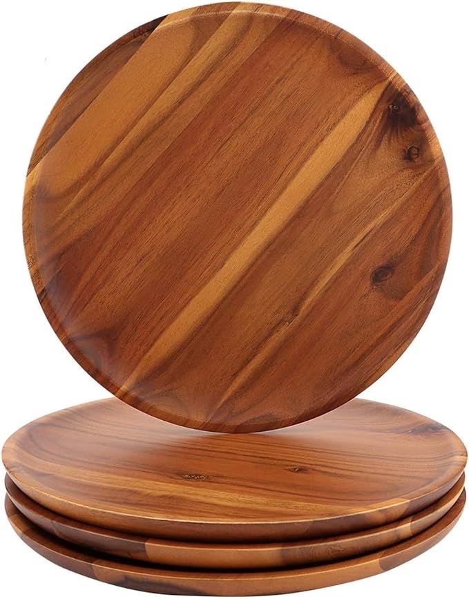 AIDEA Acacia Wood Dinner Plates, 8Inch Round Wood Plates Set of 4, Easy Cleaning & Lightweight fo... | Amazon (US)