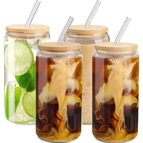 Benestanti 4 pcs Glass Cups with Bamboo Lids and Straws-16 oz Glass Tumbler with Straw and Lid & Cleaning Brush,Iced Coffee Cups with Lids Ldeal for Smoothie Beer Cocktail Whiskey Tea Juice Gift | Amazon (US)