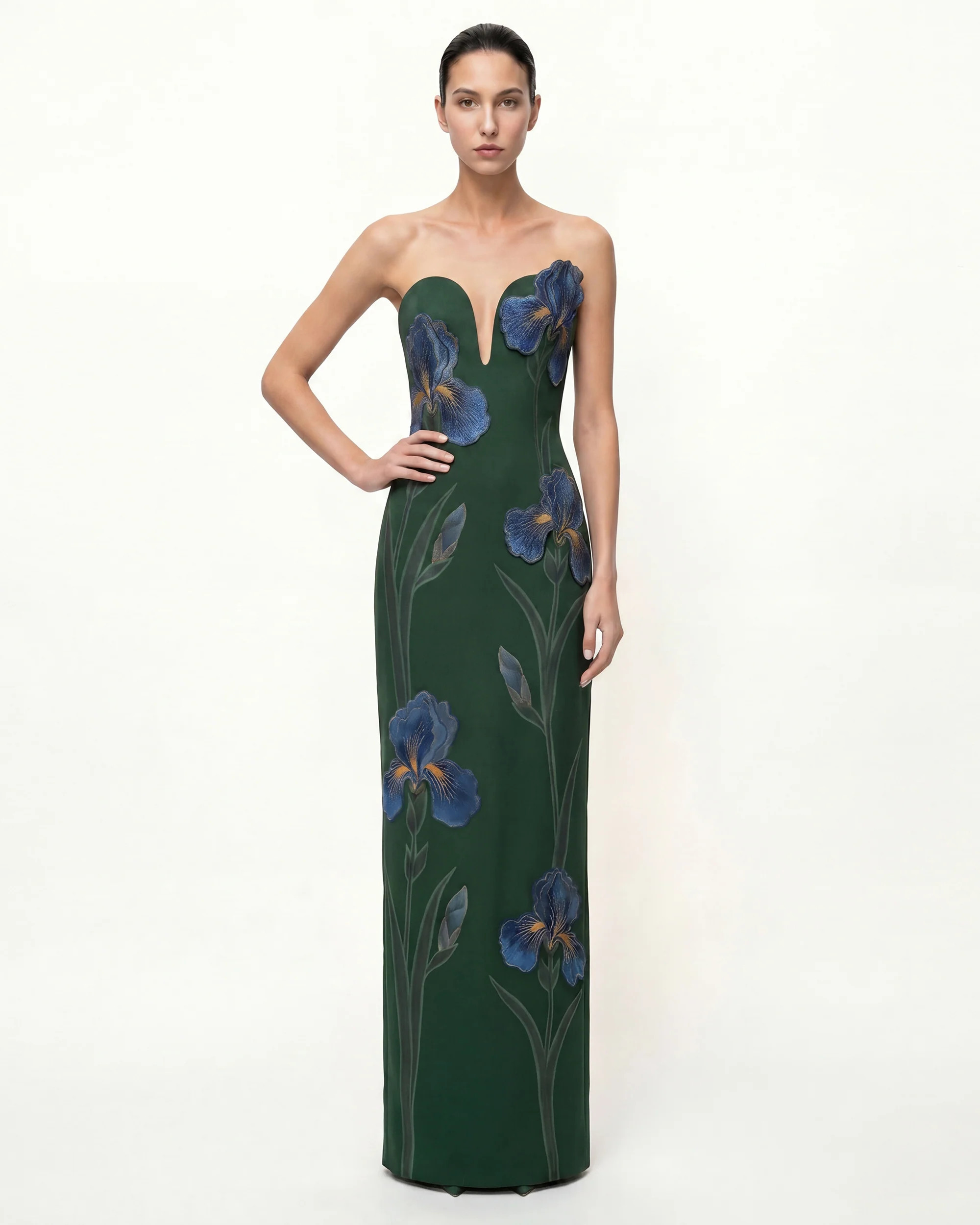 Iris Embroidered Notch Neck Strapless Maxi Dress - Emerald Green | JW PEI US