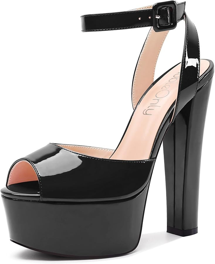 NobleOnly Womens High Block Platform Heel Peep Toe Ankle Strap Sandals Buckle Prom Dress Shoes 5.... | Amazon (US)