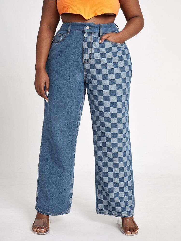 SHEIN SXY Plus High Waist Checker Print Wide Leg Jeans | SHEIN