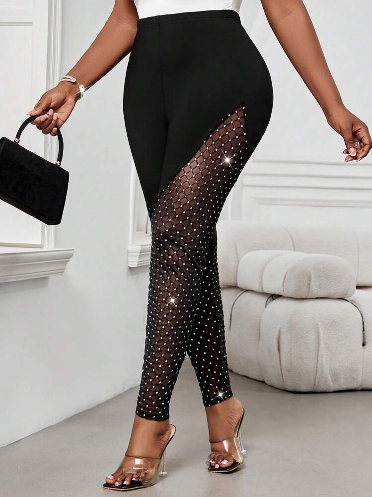 SHEIN Lady Spring, Summer, Autumn And Winter Elegant Casual Black Knitted Mesh Splicing Plus Size Leggings Autumn Women's Clothing Women's Clothing Carnival Clothing Business Women's Clothing Capri Pants | SHEIN