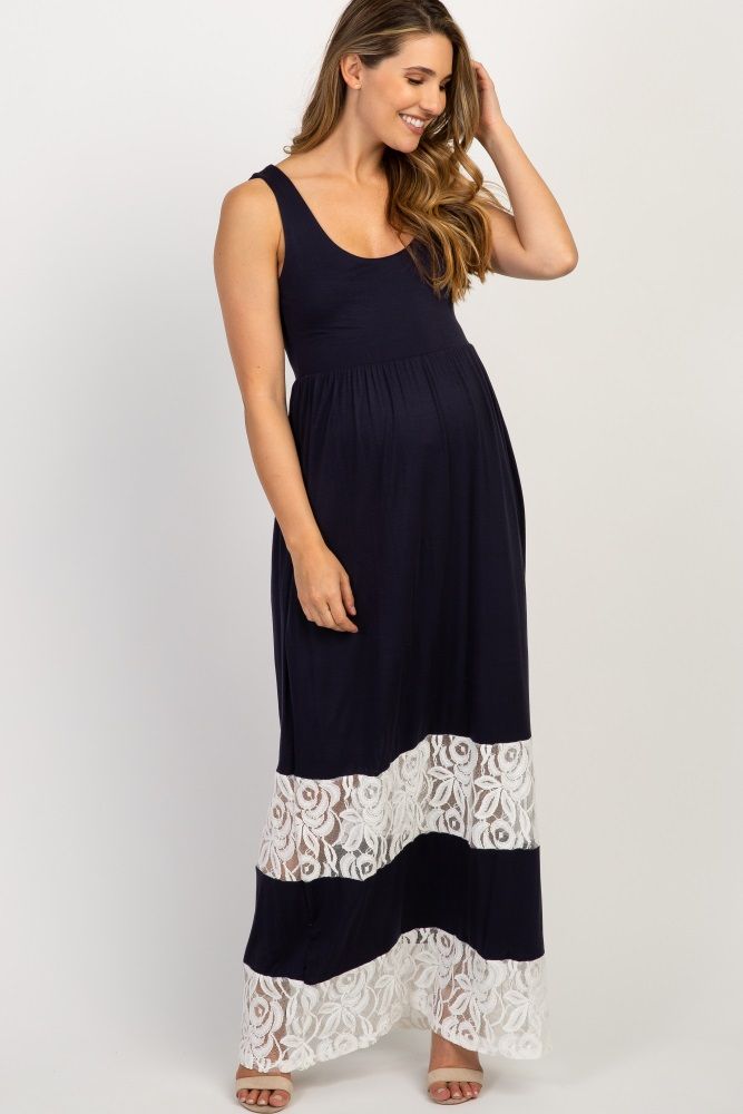 PinkBlush Navy Lace Colorblock Maternity Maxi Dress | PinkBlush Maternity