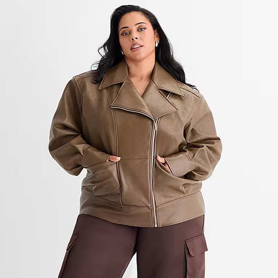 new!Ashley Graham Womens Plus Faux Leather Midweight Motorcycle Jacket | JCPenney