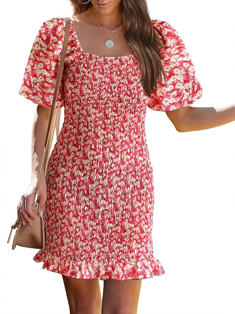 PRETTYGARDEN Women's Short Puff Sleeve Floral Mini Bodycon Dresses Summer Square Neck Ruffle Merm... | Amazon (US)