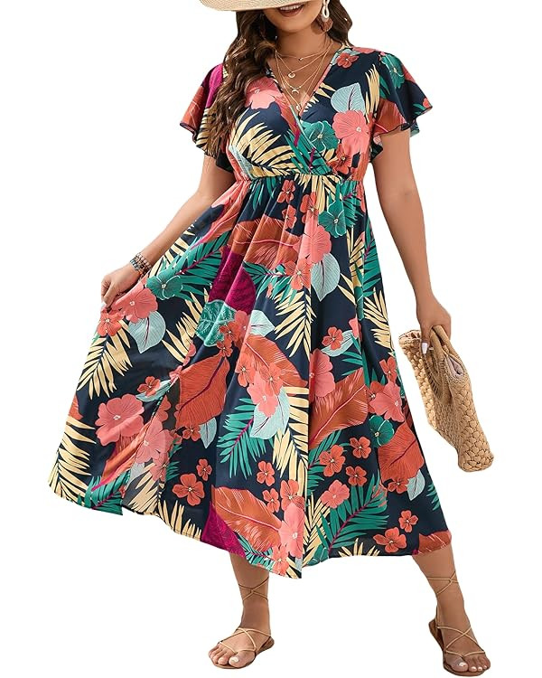 Floerns Women's Plus Size Boho Floral V Neck Short Sleeve A Line Long Dress | Amazon (US)