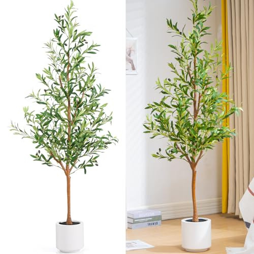 Pertivery 6FT Olive Trees Artificial Indoor, 6 FT Tall (72 Inches) Faux Olive Tree with White Planter, Faux Potted Silk Olive Tree Plants with Lifelike Branches & Fruits for Home Office Decor | Amazon (US)