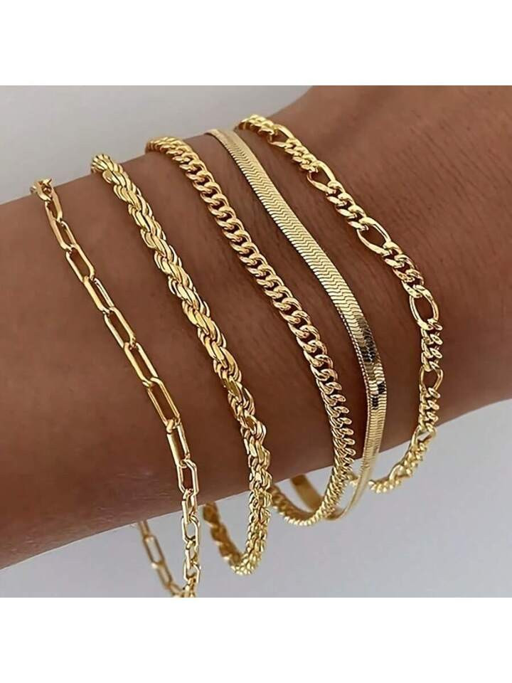 5pcs Boho Elegant Stainless Steel Bracelet Set, 14K Golden Plated Tennis Beaded Jewelry For Women And Girls, Versatile Daily & Party Accessory | SHEIN